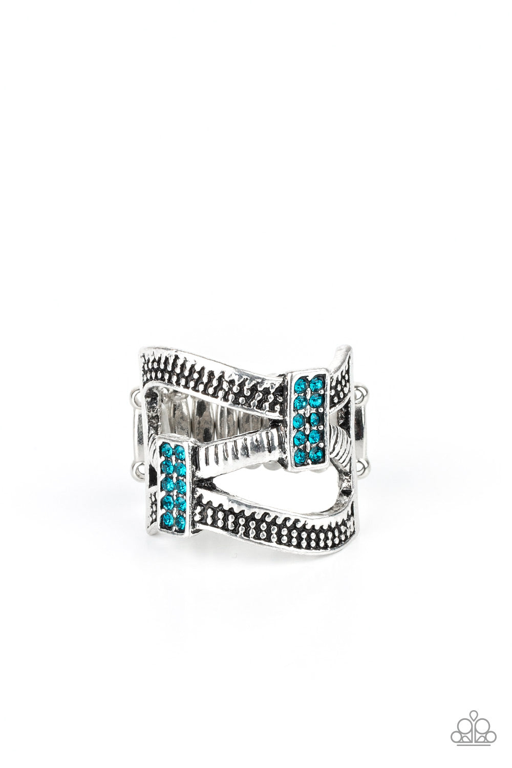 Urban Upscale - Blue and Silver Ring - Paparazzi Accessories - 
Etched and dotted in mismatched textures, three shimmery silver bars wave across the finger. Encrusted in dainty blue rhinestones, glittery frames connect the swooping bands for a refined look. Features a stretchy band for a flexible fit. Sold as one individual ring.

