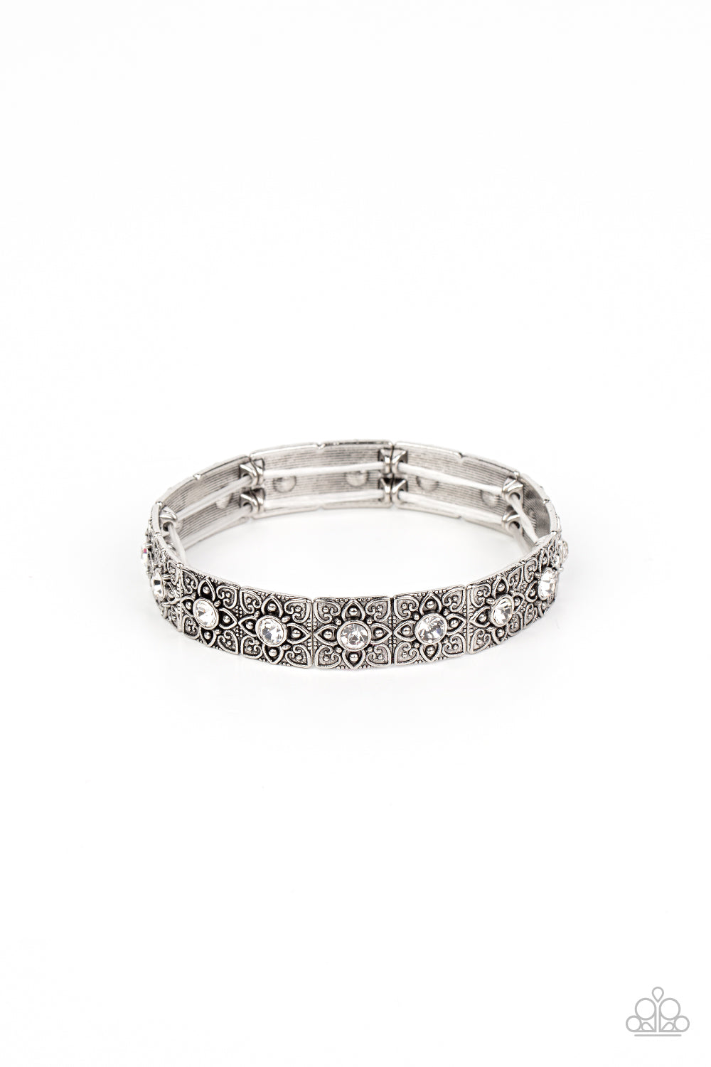 Venetian Valentine Silver Bracelet - Paparazzi Accessories - Dotted with dainty white rhinestone centers, floral filigree embossed silver frames are threaded along stretchy bands around the wrist for a romantic pop of color. Sold as one individual bracelet.
