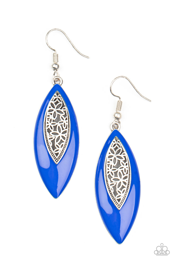 Venetian Vanity - Blue and Silver Earrings - Paparazzi Accessories -  bright Mykonos Blue frame, airy silver filigree blooms along the center of a colorful lure for a seasonal flair.