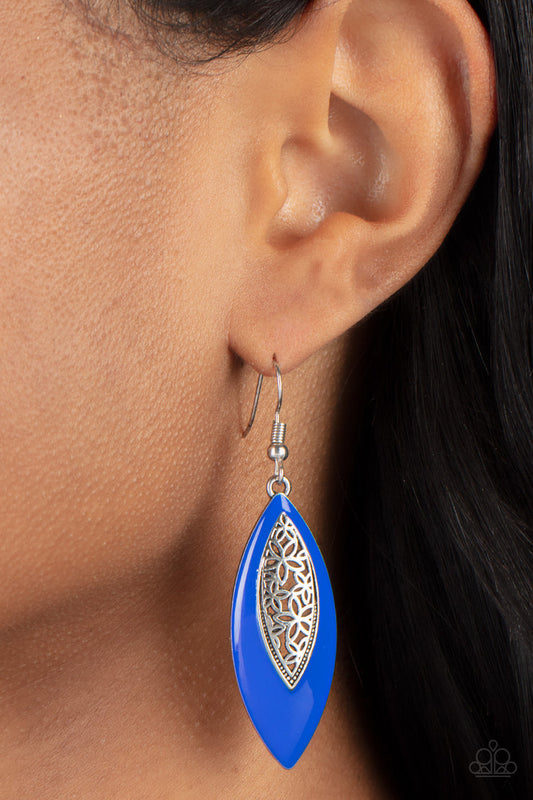 Venetian Vanity - Blue and Silver Earrings - Paparazzi Accessories - Bright Mykonos Blue frame with silver filigree blooms along the center of a colorful lure for a seasonal flair. Earring attaches to a standard fishhook fitting.