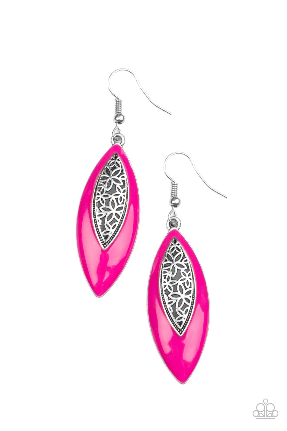 Venetian Vanity - Pink and Silver Earrings - Paparazzi Accessories - Asymmetrically bordered in a Fuchsia Fedora frame, airy silver filigree blooms along the center of a colorful lure for a seasonal flair. Earring attaches to a standard fishhook fitting. Sold as one pair of earrings.