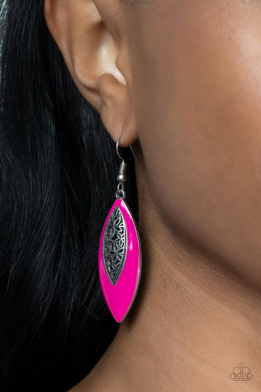 Venetian Vanity - Pink and Silver Fashion Earrings - Paparazzi Accessories - Asymmetrically bordered in a Fuchsia Fedora frame, airy silver filigree blooms along the center of a colorful lure for a seasonal flair. Earring attaches to a standard fishhook fitting. Sold as one pair of earrings.
