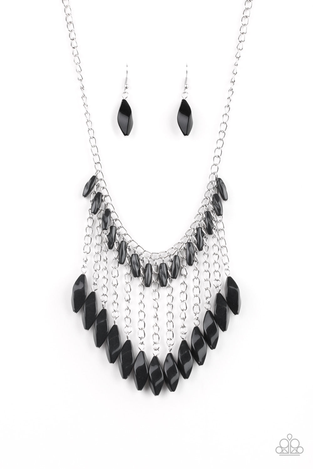 Venturous Vibes - Black and Silver Necklace - Paparazzi Accessories - A row of faceted black beads swing from the bottom of a shimmery silver chain below the collar. Larger black beads cascade from the bottoms of free-falling silver chains, creating a vivacious fringe.