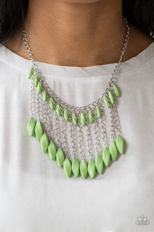 Venturous Vibes - Green and Silver Fashion Necklace - Paparazzi Accessories - A row of faceted green beads swing from the bottom of a shimmery silver chain below the collar. Larger green beads cascade from the bottoms of free-falling silver chains, creating a vivacious fringe fashion necklace.