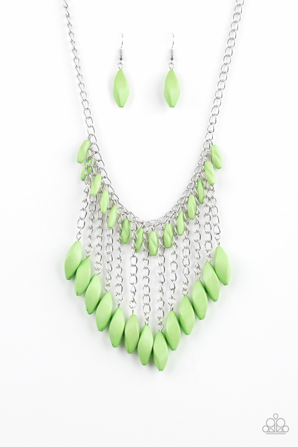 Venturous Vibes - Green and Silver Necklace - Paparazzi Accessories - A row of faceted green beads swing from the bottom of a shimmery silver chain below the collar. Larger green beads cascade from the bottoms of free-falling silver chains, creating a vivacious fringe fashion necklace. Trendy fashion jewelry for everyone.