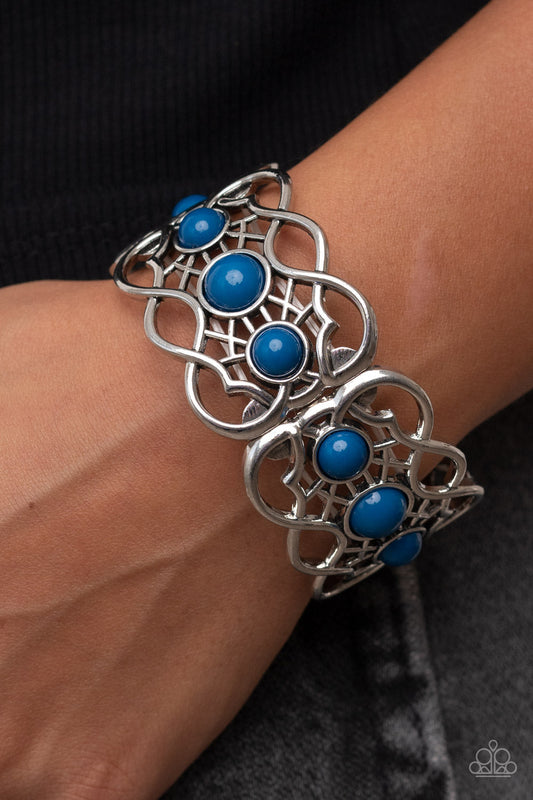 Very Versailles - Blue Mykonos Bracelet - Paparazzi Accessories - A trio of bubbly Mykonos Blue beads adorn the centers of vine-like silver frames that are threaded along a stretchy band around the wrist, creating a whimsical centerpiece.
