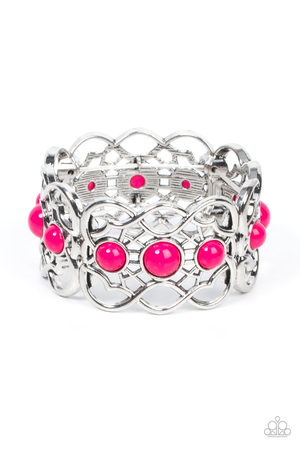 Very Versailles - Fuchsia Pink and Silver Bracelet - Paparazzi Accessories - A trio of bubbly Fuchsia Fedora beads adorn the centers of vine-like silver frames that are threaded along a stretchy band around the wrist, creating a whimsical centerpiece. Sold as one individual bracelet.