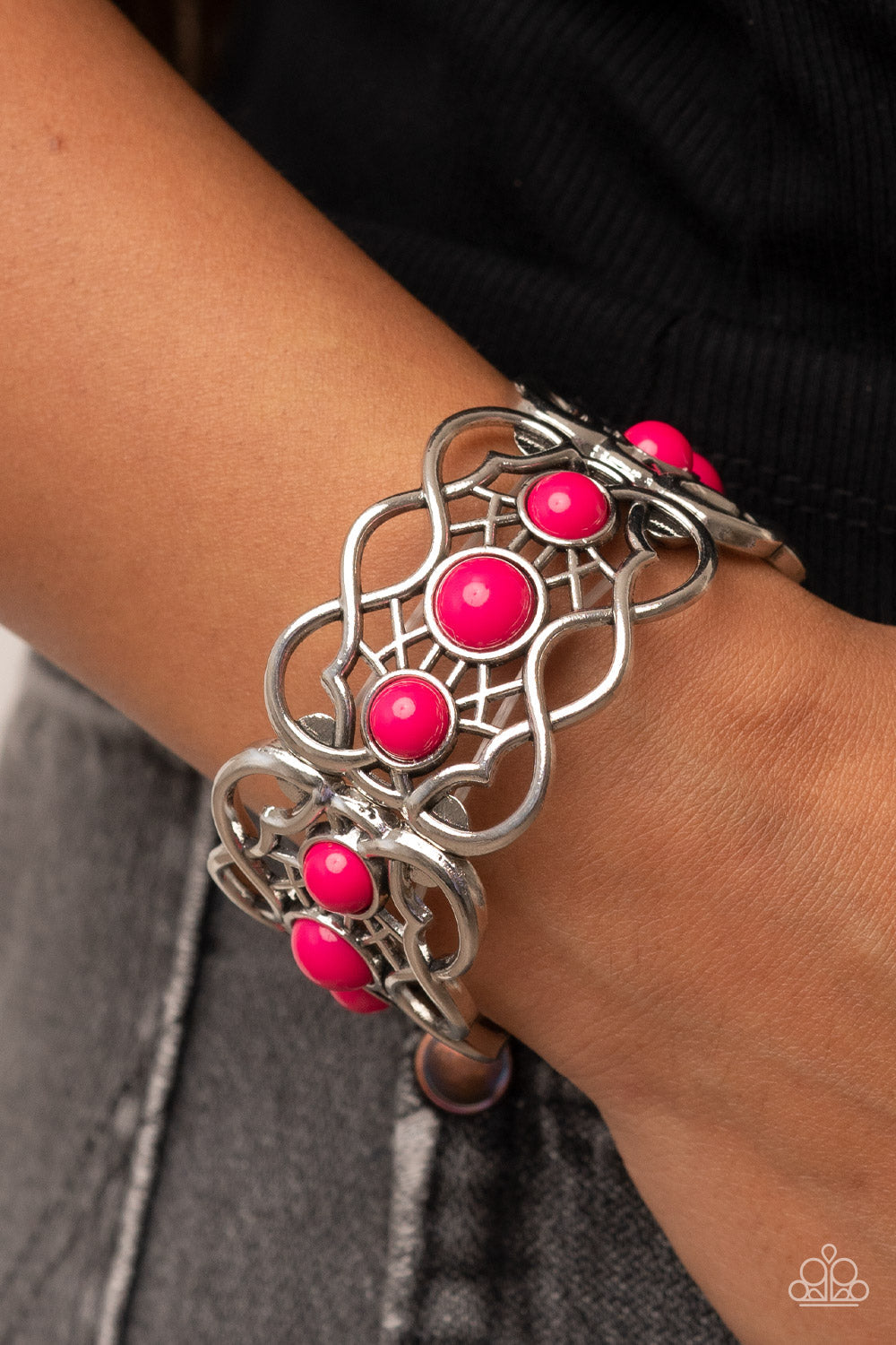 Very Versailles - Fuchsia Pink and Silver Bracelet - Paparazzi Accessories - A trio of bubbly Fuchsia Fedora beads adorn the centers of vine-like silver frames that are threaded along a stretchy band around the wrist, creating a whimsical centerpiece. Sold as one individual bracelet.