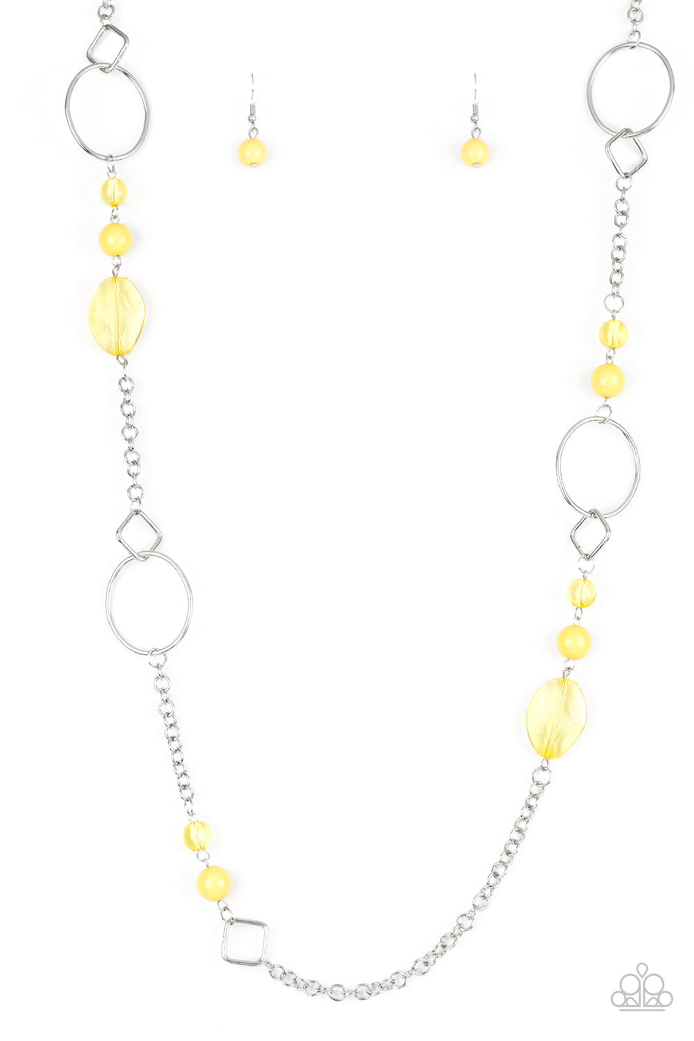Very Visionary - Yellow and Silver Necklace - Paparazzi Accessories -Polished and glassy yellow beads trickle along a shimmery silver chain featuring round and square frames for a seasonal look. Features an adjustable clasp closure.  Sold as one individual necklace. 