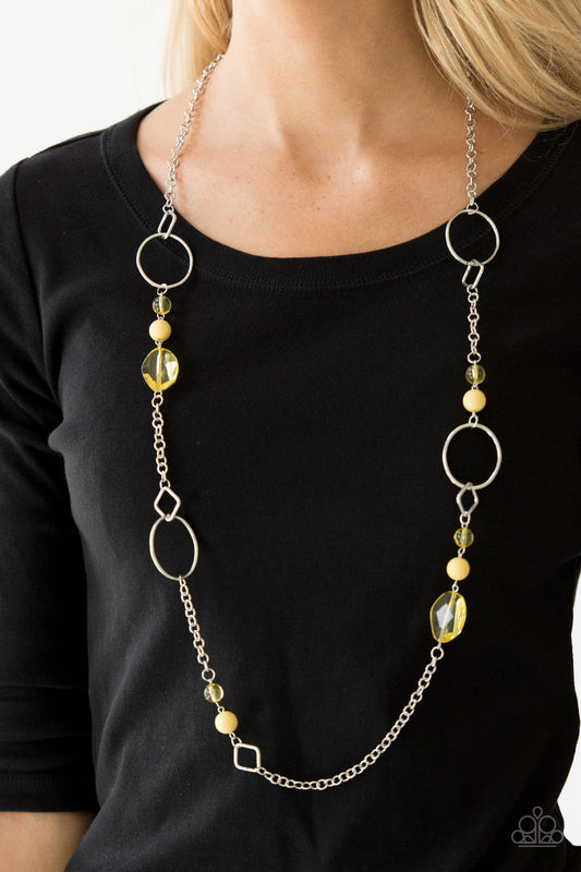Very Visionary - Yellow and Silver Necklace - Paparazzi Accessories - Polished and glassy yellow beads trickle along a shimmery silver chain featuring round and square frames for a seasonal look. Features an adjustable clasp closure.  Sold as one individual necklace. 