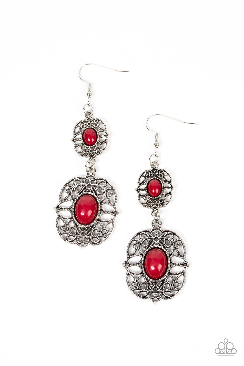 Victorian Villa - Red Wine and Silver Earrings - Paparazzi Accessories - Dotted with wine beaded centers, studded vine-like filigree blooms into two silver floral frames that link into a vintage inspired lure. Earring attaches to a standard fishhook fitting. Sold as one pair of earrings.