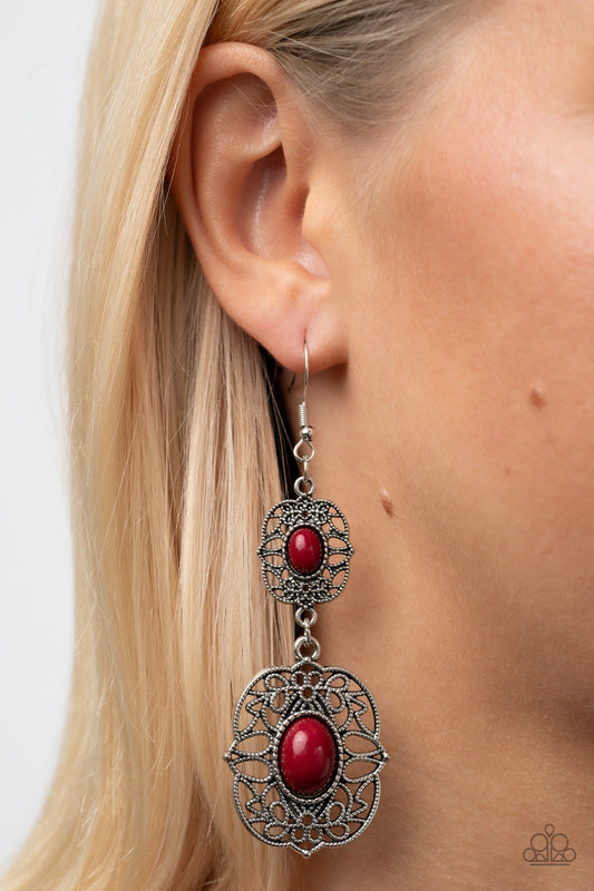 Victorian Villa - Red Wine and Silver Earrings - Paparazzi Accessories - Dotted with wine beaded centers, studded vine-like filigree blooms into two silver floral frames that link into a vintage inspired lure. Earring attaches to a standard fishhook fitting. Sold as one pair of earrings.