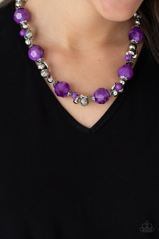 Vidi Vici VACATION - Purple - Amethyst and Silver Necklace - Paparazzi Accessories - Faceted opaque Amethyst Orchid crystal-like beads join clusters of mismatched silver and Amethyst Orchid beads along a wire, creating a vivacious pop of color below the collar.