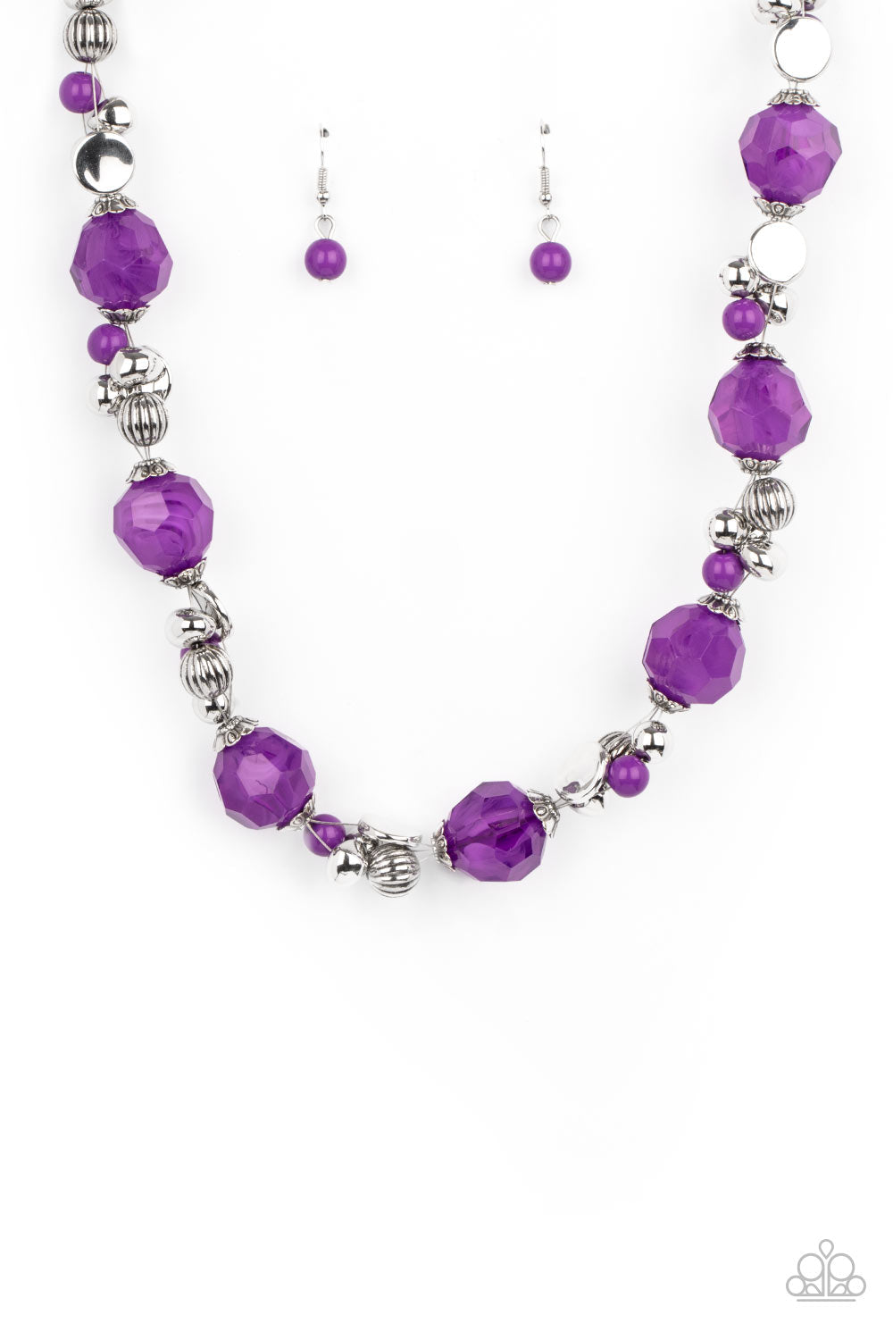 Vidi Vici VACATION - Purple - Amethyst and Silver Necklace - Paparazzi Accessories - Faceted opaque Amethyst Orchid crystal-like beads join clusters of mismatched silver and Amethyst Orchid beads along a wire, creating a vivacious pop of color below the collar. Features an adjustable clasp closure. Sold as one individual necklace.