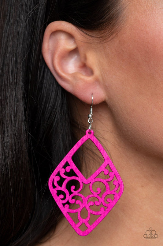 VINE For The Taking - Pink Wood Earrings - Paparazzi Accessories - Brushed in a flamboyant Pink Peacock finish, wooden vine-like filigree climbs an airy kite-shaped frame for a seasonal vibe. Earring attaches to a standard fishhook fitting. Sold as one pair of earrings.