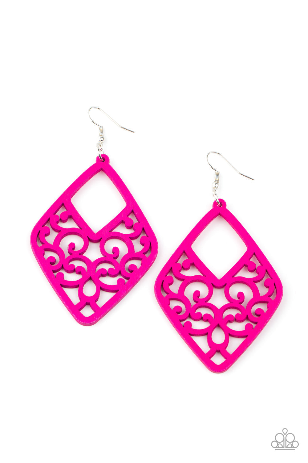 VINE For The Taking - Pink Wood Earrings - Paparazzi Accessories - Brushed in a flamboyant Pink Peacock finish, wooden vine-like filigree climbs an airy kite-shaped frame for a seasonal vibe. Earring attaches to a standard fishhook fitting. Sold as one pair of earrings. Trendy fashion jewelry for everyone.
