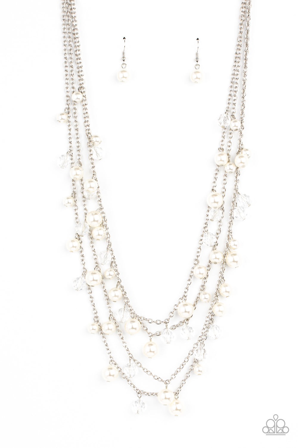 Vintage Virtuoso - White Pearl and Silver Necklace - Paparazzi Accessories - Row after row of bubbly white pearls and glittery crystal-like beads swing from layered silver chains across the chest, creating a noise-making display. Features an adjustable clasp closure. Sold as one individual necklace.