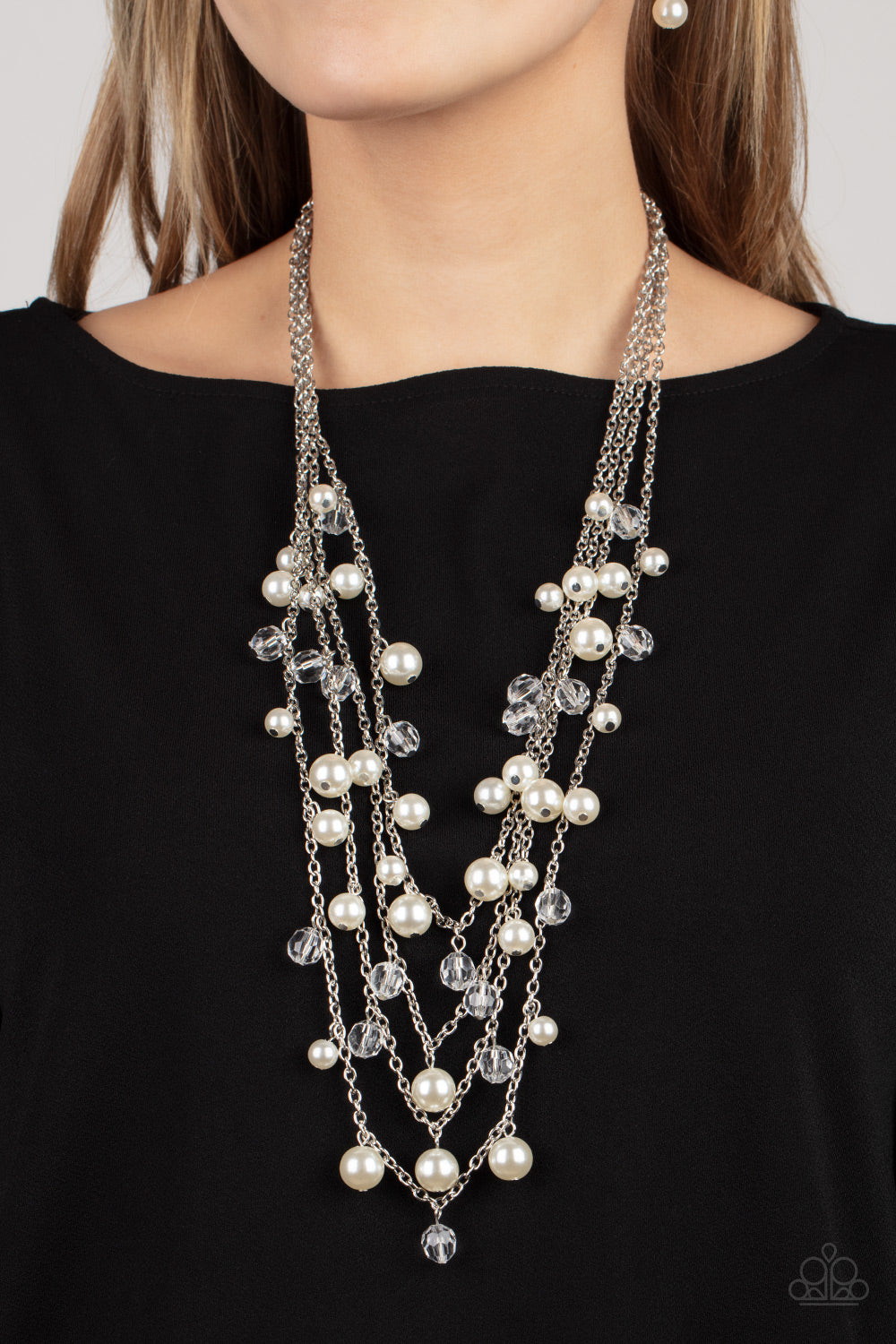 Vintage Virtuoso - White Pearl and Silver Necklace - Paparazzi Accessories -Row after row of bubbly white pearls and glittery crystal-like beads swing from layered silver chains across the chest, creating a noise-making display. Features an adjustable clasp closure. Sold as one individual necklace. 