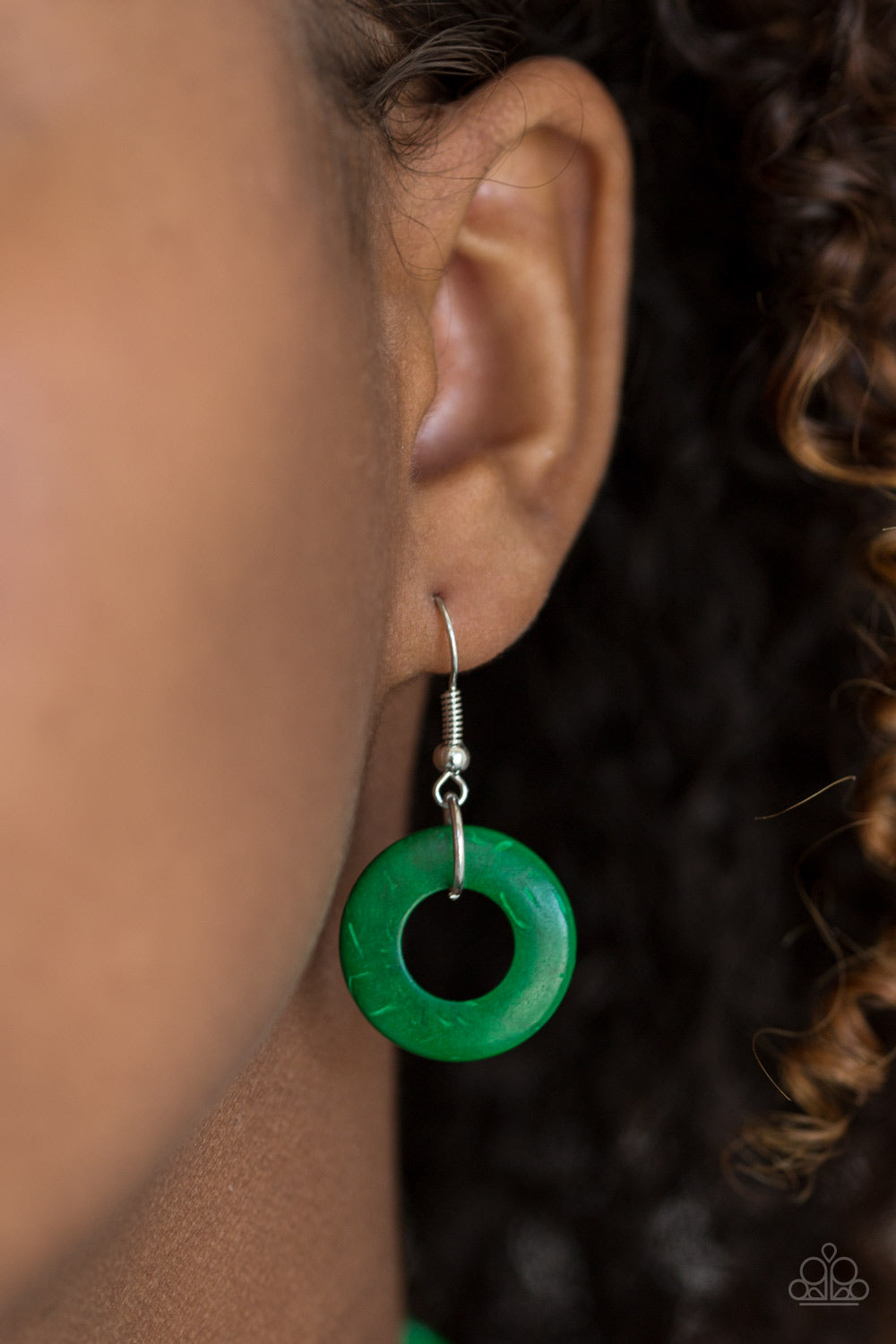 Waikiki Winds - Green Wood Fashion Necklace - Paparazzi Accessories - Shiny brown cording knots around refreshing green wooden discs, creating a colorful display across the chest. Features a button loop closure. Sold as one individual necklace.