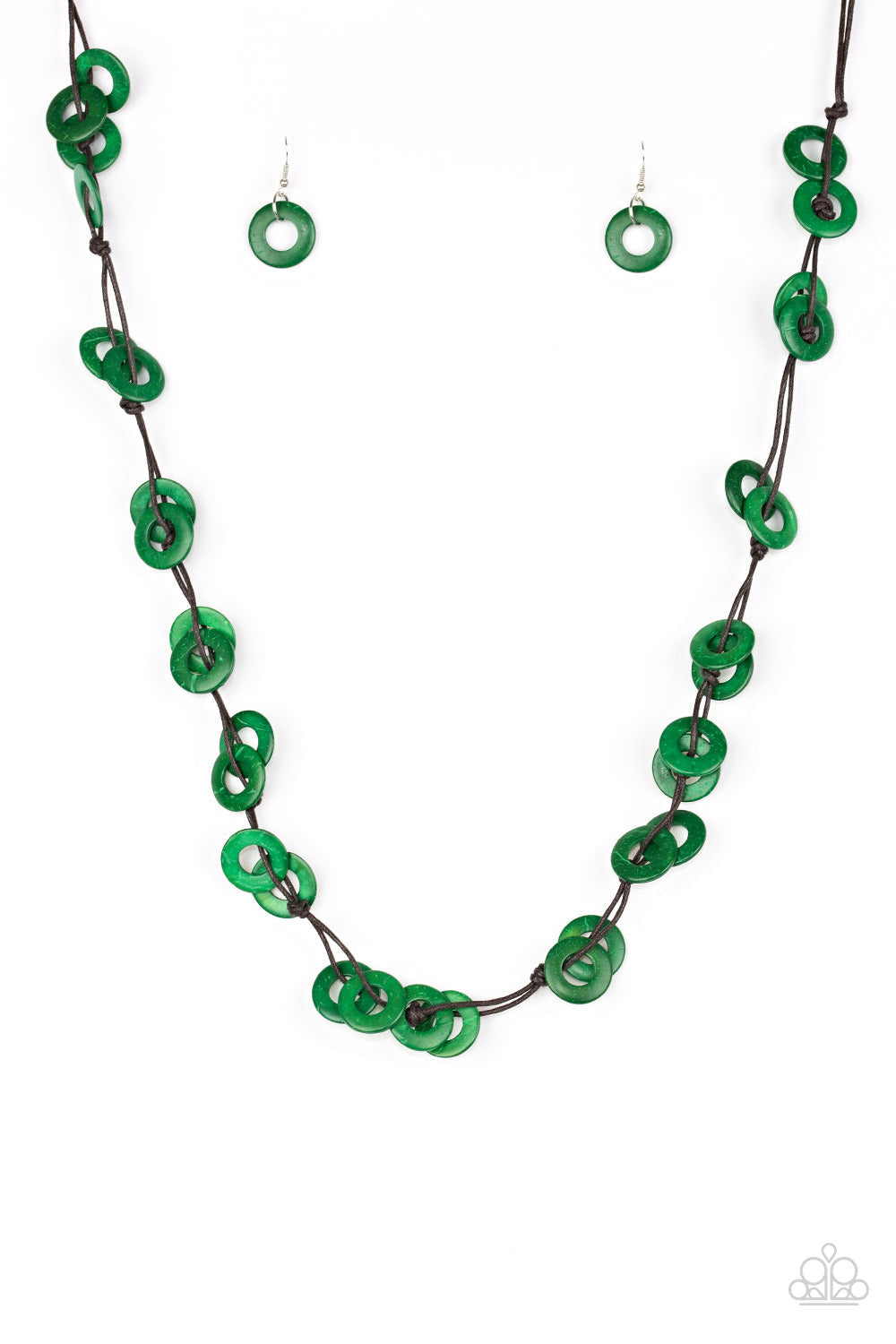 Waikiki Winds - Green Wood Fashion Necklace - Paparazzi Accessories - Shiny brown cording knots around refreshing green wooden discs, creating a colorful display across the chest. Features a button loop closure. Sold as one individual necklace.