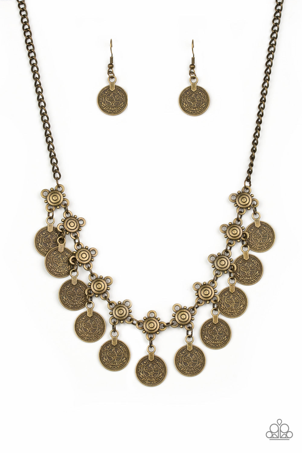 Walk The Plank - Brass Necklace - Paparazzi Accessories - Coin-like discs swing from the bottoms of ornate brass frames, creating a boisterous fringe below the collar. Necklace features an adjustable clasp closure.