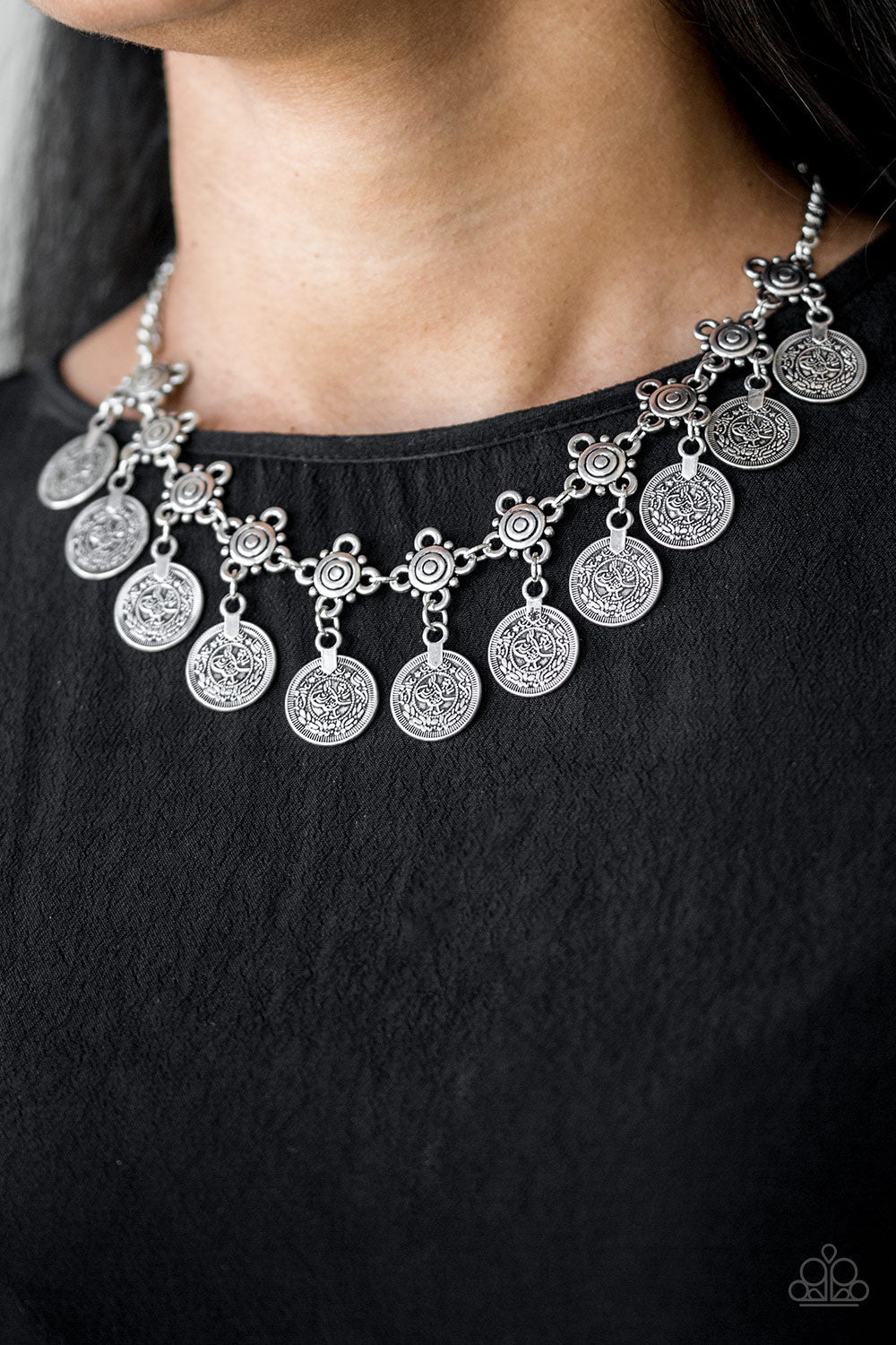 Walk The Plank - Silver Fashion Necklace - Paparazzi Accessories - Coin-like discs swing from the bottoms of ornate silver frames, creating a boisterous fringe below the collar. Features an adjustable clasp closure. Sold as one individual fashion necklace.