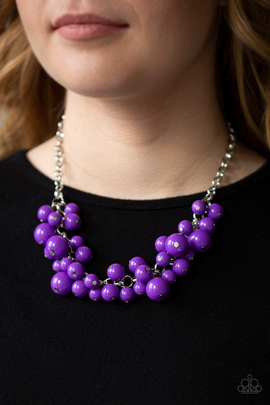 Walk This BROADWAY - Purple and Silver Necklace - Paparazzi Accessories - A collection of bubbly purple beads swing from the bottom of a shimmery silver chain, creating a vivacious fringe below the collar. Features an adjustable clasp closure. Sold as one individual necklace.