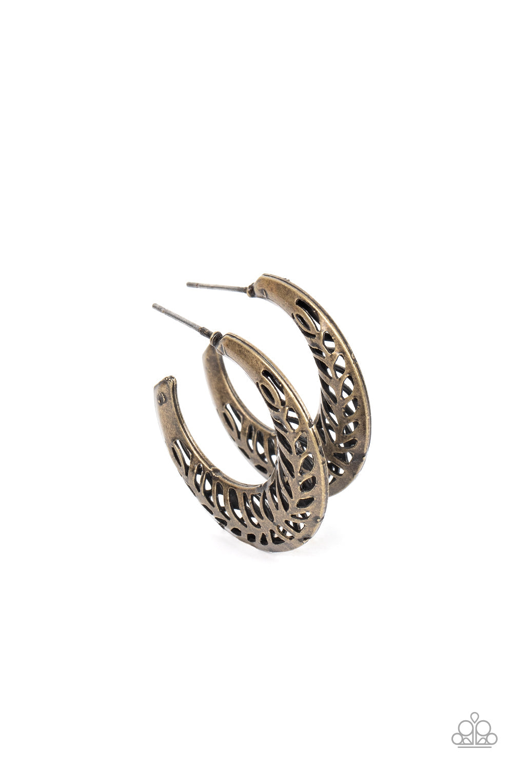 Wanderlust Wilderness - Brass Hoop Earrings - Paparazzi Accessories - Airy leafy cutouts climb two curved brass frames that join into a rustic hoop, resulting in a seasonal shimmer. Earring attaches to a standard post fitting. Hoop measures approximately 1 1/4" in diameter.