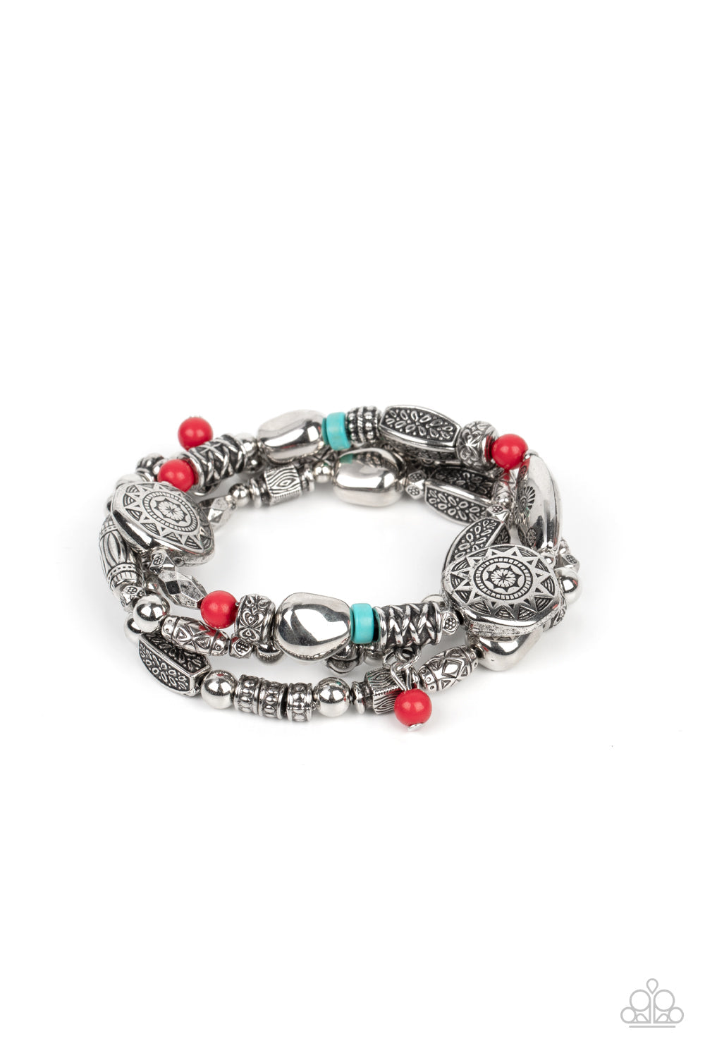 Western Quest - Red Turquoise and Silver Bracelet - Paparazzi Accessories - Hints of red and turquoise accents, a mismatched collection of silver beads, textured silver accents, and floral and sunburst embossed beads are threaded along stretchy bands around the wrist.