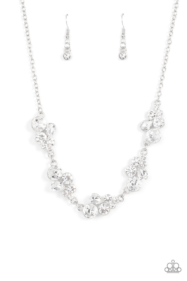 Wife of the Party - Silver Necklace - Paparazzi Accessories - Encased in sleek silver fittings, a bubbly collection of teardrop and round white rhinestones delicately connect into clustered frames below the collar for a sparkly, statement-making finish.