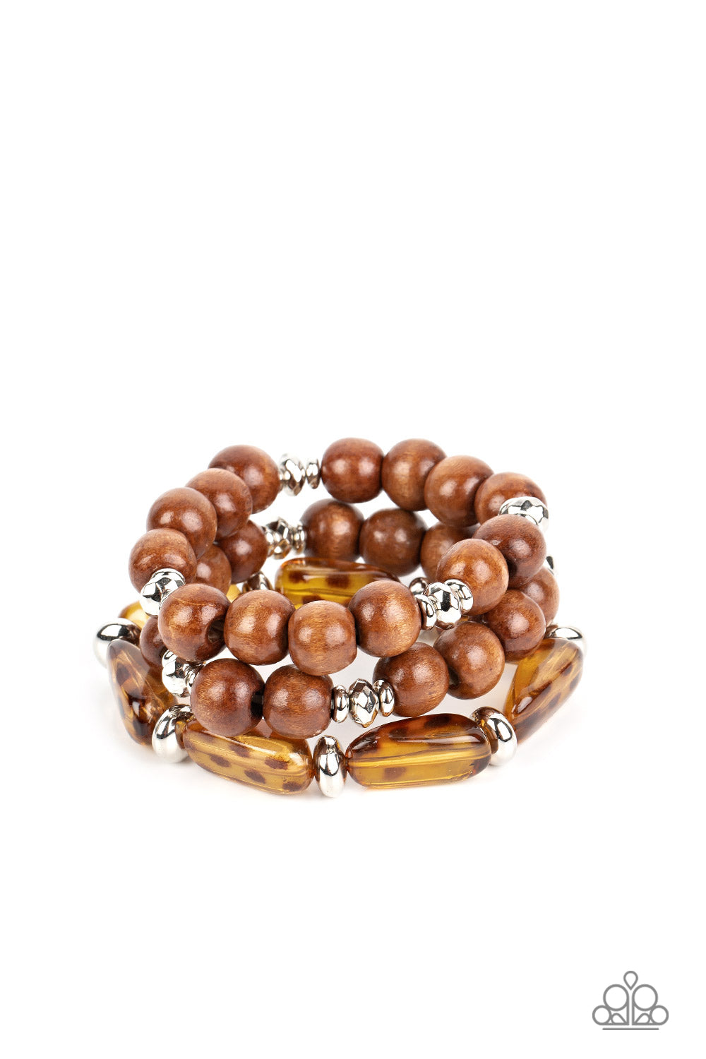 WILD-Mannered - Brown Cheetah Wood Bracelets - Paparazzi Accessories - Bejeweled Accessories By Kristie - Featuring hints of cheetah-like patterns, glassy acrylic beads join dainty silver accents and oversized wooden beads along stretchy bands that stack across the wrist in a wildly layered finish. Sold as one set of three bracelets.