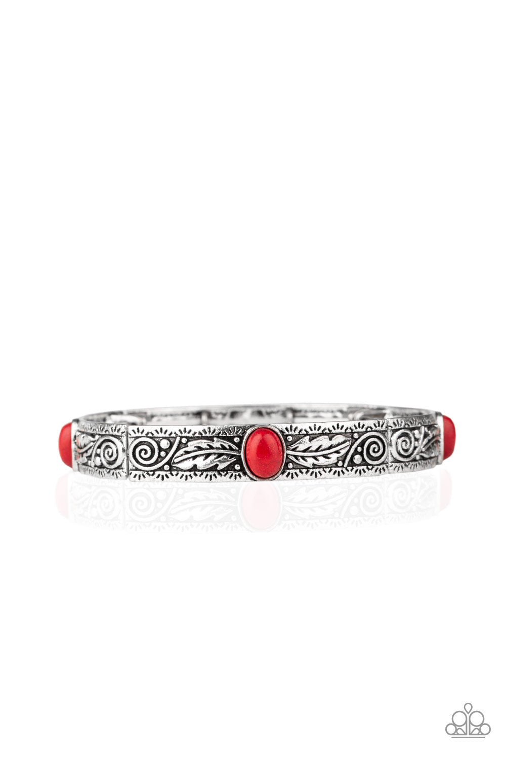 Wild West Story - Red and Silver Stretch Bracelet - Paparazzi Accessories - Embossed in swirling silver and feather like detail, antiqued silver frames are threaded along stretchy bands around the wrist. Fiery red stones adorn the centers of the Southwestern frames for a seasonal finish. Sold as one individual bracelet.
