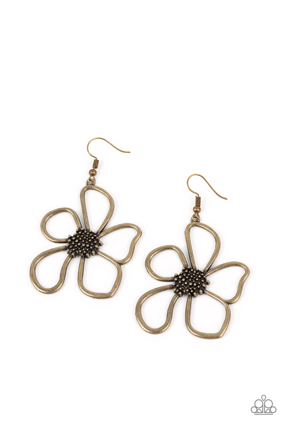 Wildflower Walkway - Brass Flower Earrings - Paparazzi Accessories - Warped brass bars curl into asymmetrical petals that flare out from a studded brass center, blooming into a free-spirited wildflower. Earring attaches to a standard fishhook fitting. Sold as one pair of earrings.