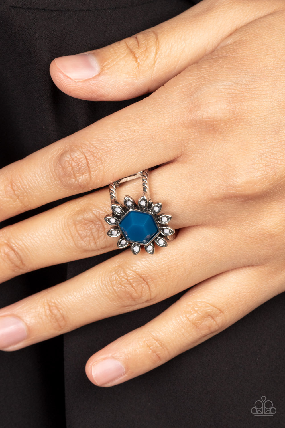 Wonderfully Wallflower - Blue and Silver Ring - Paparazzi Accessories Bejeweled Accessories By Kristie