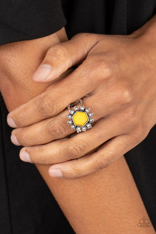 Wonderfully Wallflower - Yellow Ring - Paparazzi Accessories - A hexagon-shaped Samoan Sun bead is pressed into the center of an antiqued silver frame. Dainty silver petals dotted with white opalescent centers radiate around the defaced bead creating a whimsical allure atop a braided layered band.