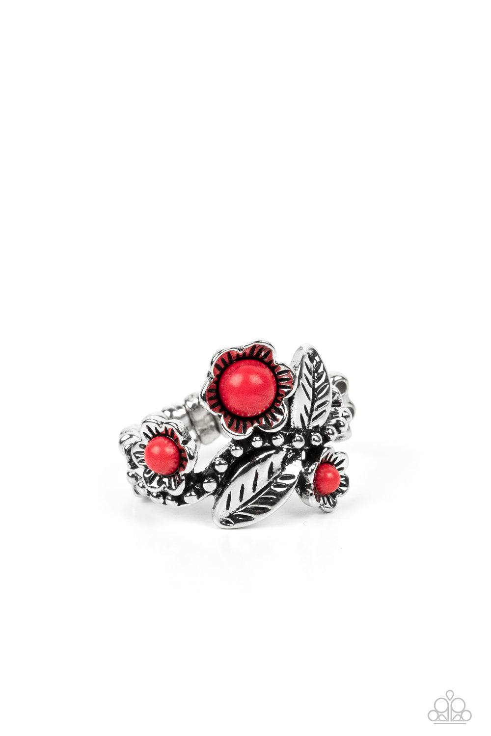 Wonderland Wildflower - Red and Silver Ring - Paparazzi Accessories - Silver flowers bloom from red stony centers, while detailed silver leaves haphazardly sprinkle across the free-spirited, floral arrangement. Features a dainty stretchy band for a flexible fit.