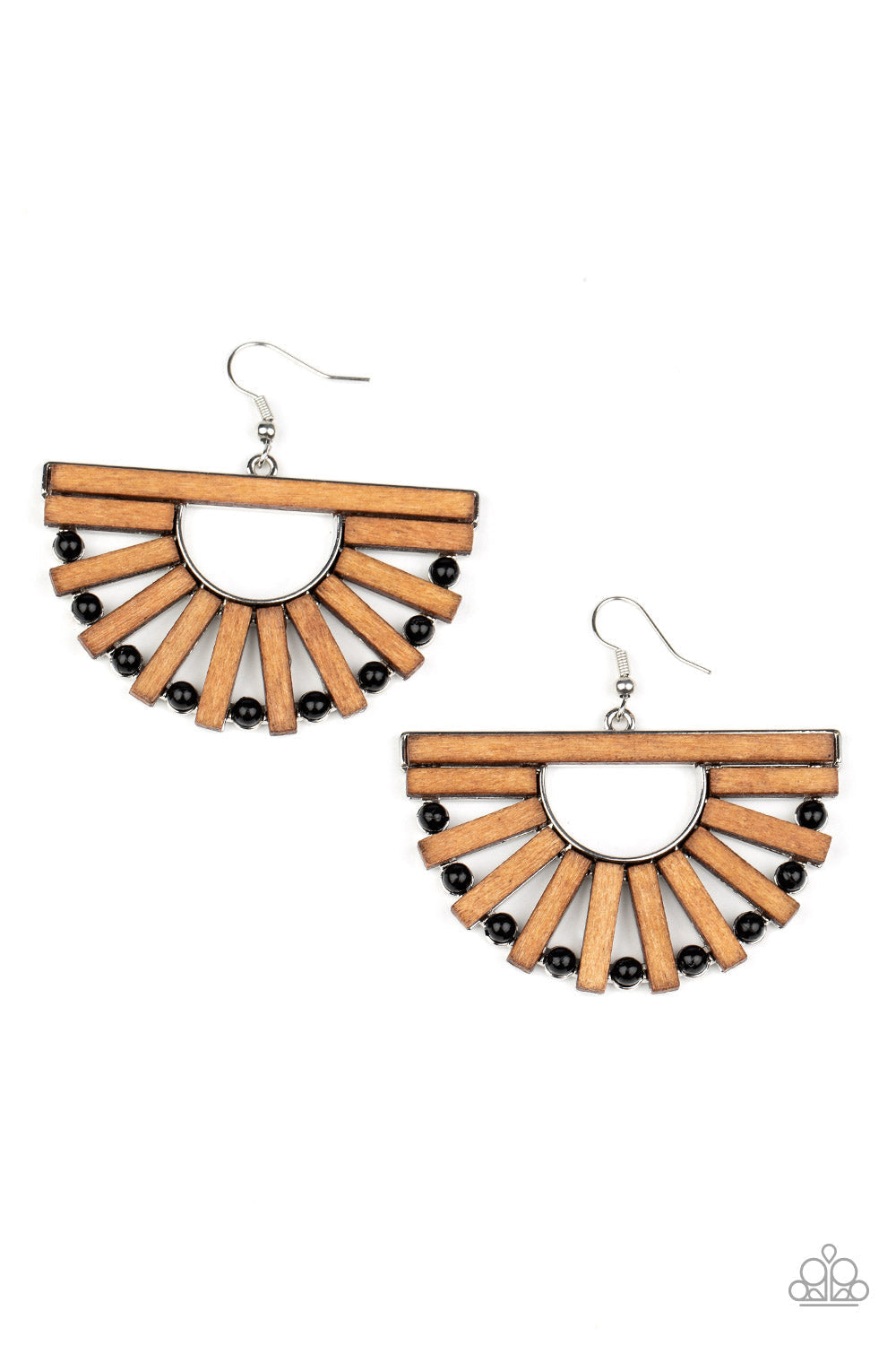 Wooden Wonderland - Black and Brown Earrings - Paparazzi Jewelry  - Bejeweled Accessories By Kristie - Wooden rectangular frames and dainty black beads alternate along an airy silver frame, coalescing into a radiant crescent for an earthy flair.