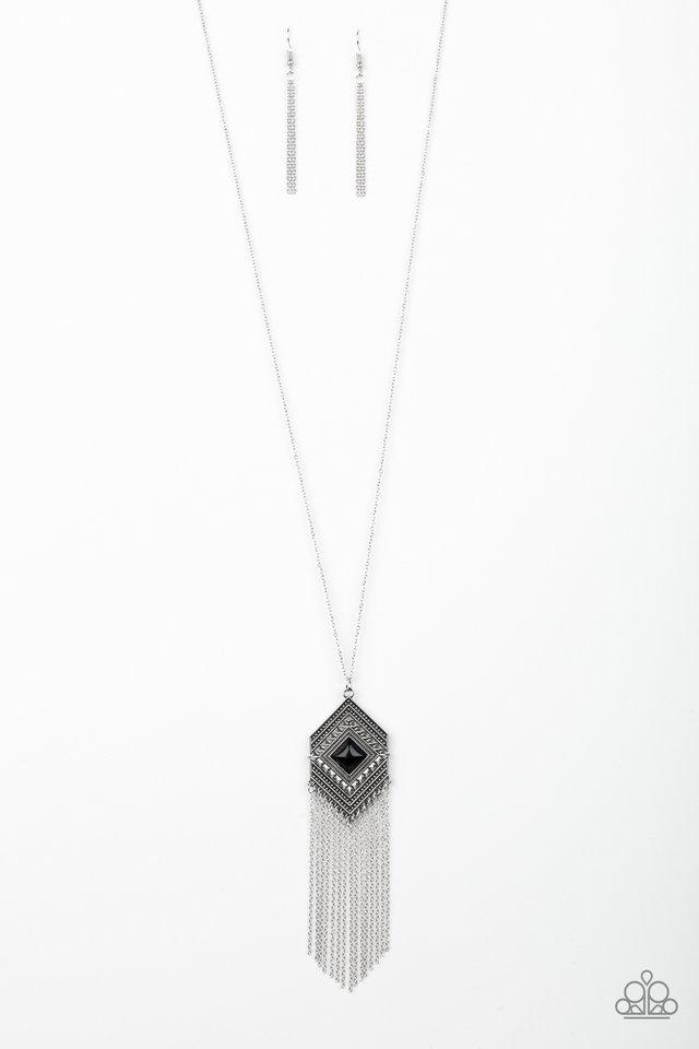 Work The ROAM - Black and Silver Necklace - Paparazzi Accessories - A square black bead is pressed into the center of a silver geometric pendant radiating with studded detail. A shimmery silver fringe swings from the bottom of the tribal inspired frame for a wanderlust stylish necklace.