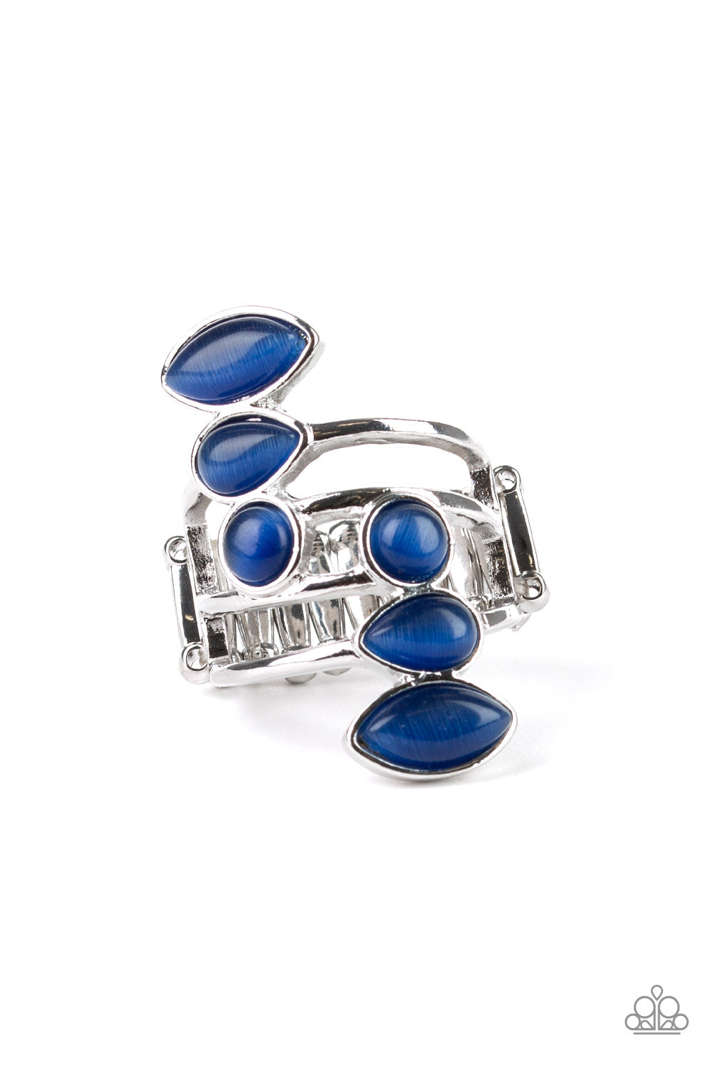 Wraparound Radiance - Blue and Silver Ring - Featuring round, teardrop, and marquise shapes, two frames of glowing blue cat's eye stones stack across a layered silver band for an all around radiance. Features a stretchy band for a flexible fit. Sold as one individual ring. 