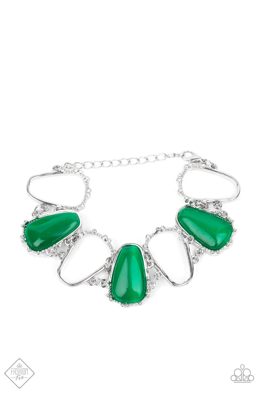 Yacht Club Couture - Green and Silver Bracelet - Paparazzi Accessories - Encased in studded silver frames, a tranquil collection of asymmetrical mint cat’s eye stone teardrops and airy silver frames delicately link around the wrist for an ethereally sparkly display. A sprinkling of rhinestones accent the open frames, adding a touch of elegance to the piece. Features an adjustable clasp closure.