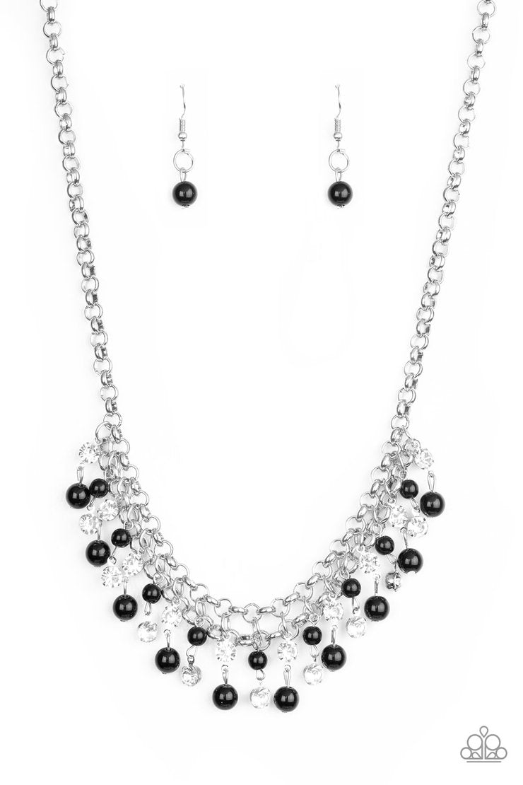 You May Kiss The Bride - Black and Silver Necklace - Paparazzi Accessories - Glittery white rhinestones and classic black beads swing from the bottom of interlocking silver chains, creating a bubbly fringe below the collar stylish fashion necklace. 