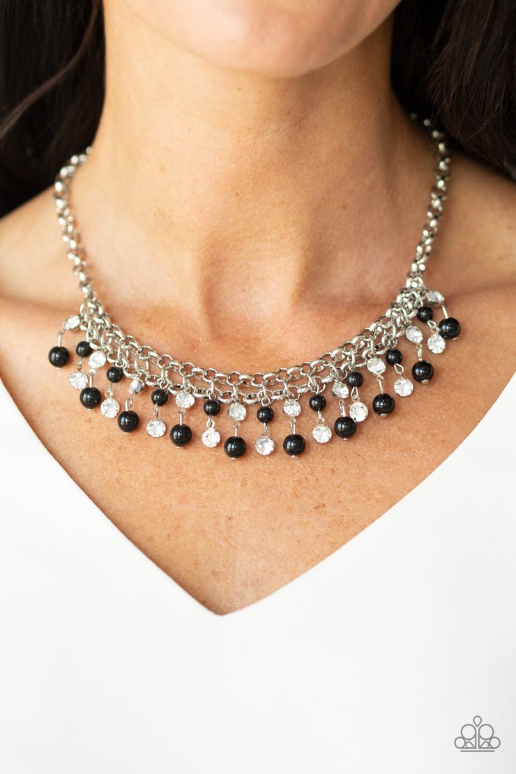 You May Kiss The Bride - Black and Silver Necklace - Paparazzi Accessories - Glittery white rhinestones and classic black beads swing from the bottom of interlocking silver chains, creating a bubbly fringe below the collar fashion necklace.